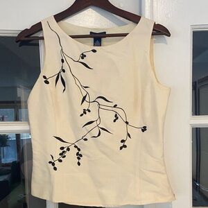 Ann Taylor Silk Cream Top with Black Botanical Design